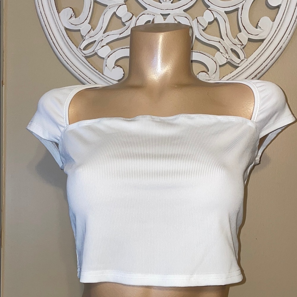 Shein women’s large shirt top crop white ribbed basic seamless stretch nwot